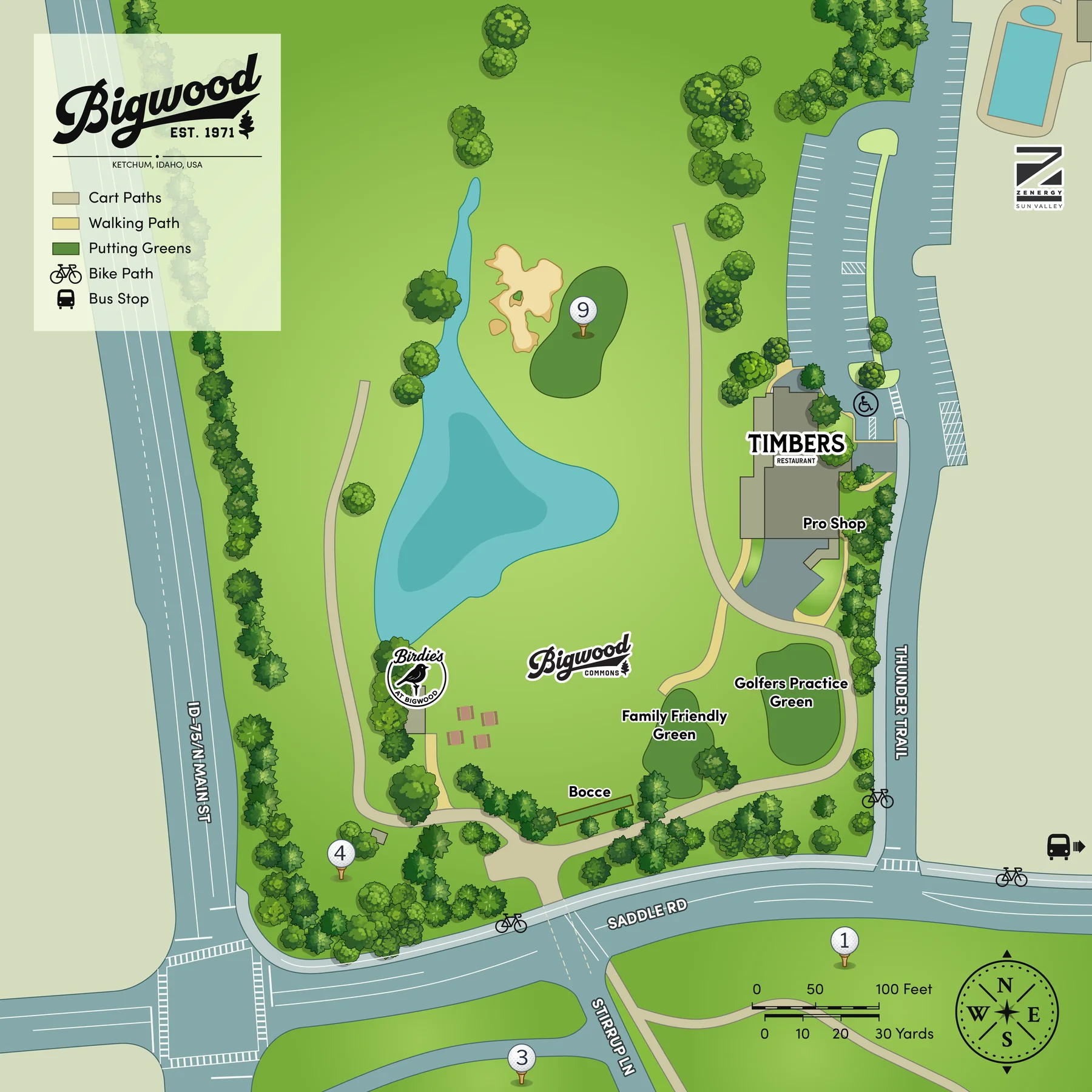 Illustrated map of Bigwood Golf Course showing Timbers Restaurant, Birdie's Snack Shack, the putting green, bocce courts, and the family lawn